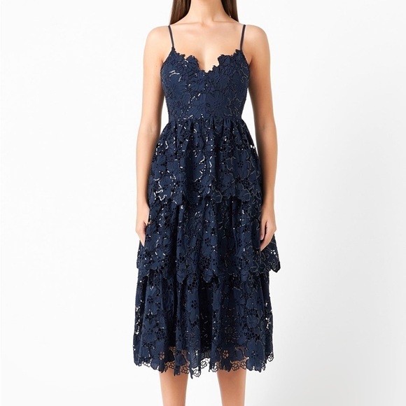 Endless Rose Womens Navy Floral Lace Tiered Sequin Midi Prom Dress size Medium - Picture 9 of 13